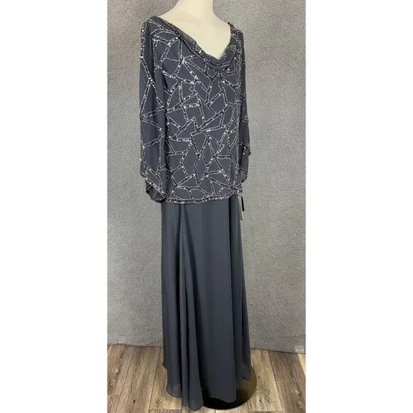 Jkara Women's Plus Size Grey Beaded Cowl Neck Gown With Sequin Overlay 14W NWT's - Picture 3 of 8